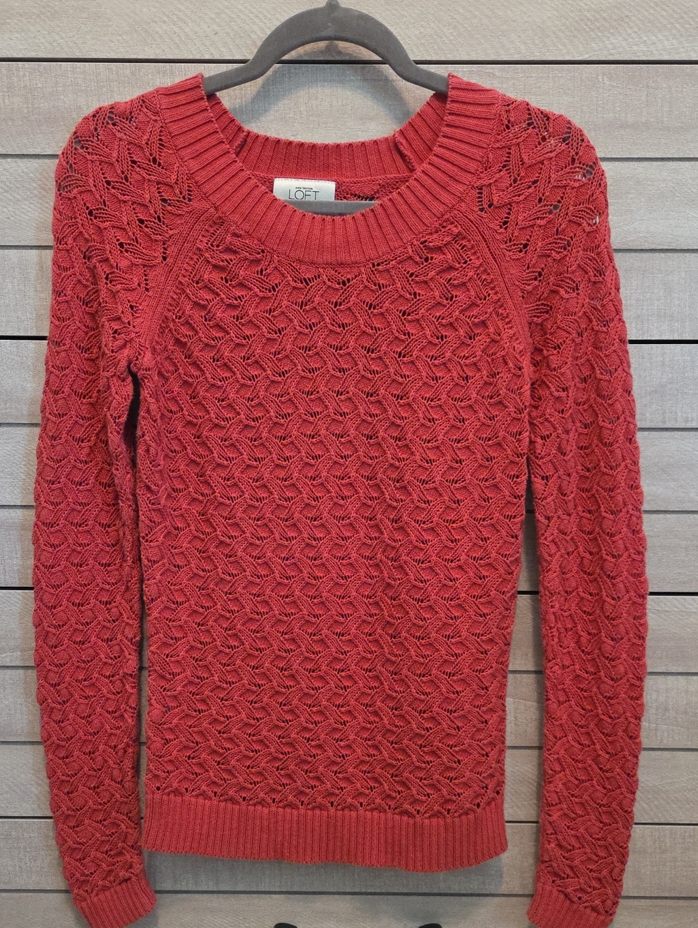 LOFT Coral Red Open-Knit Crewneck Sweater Womens XS